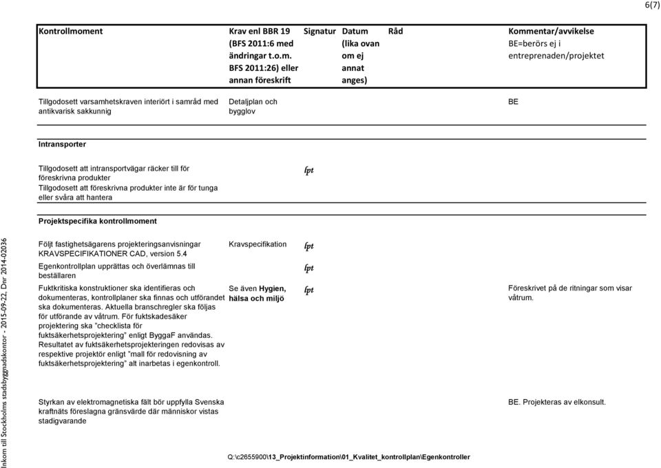 4 Egenkontrollplan upprättas och överlämnas till beställaren Fuktkritiska konstruktioner ska identifieras och dokumenteras, kontrollplaner ska finnas och utförandet ska dokumenteras.