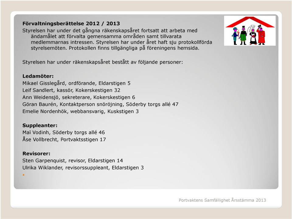 Styrelsen har under räkenskapsåret bestått av följande personer: Ledamöter: Mikael Gisslegård, ordförande, Eldarstigen 5 Leif Sandlert, kassör, Kokerskestigen 32 Ann Weidensjö, sekreterare,