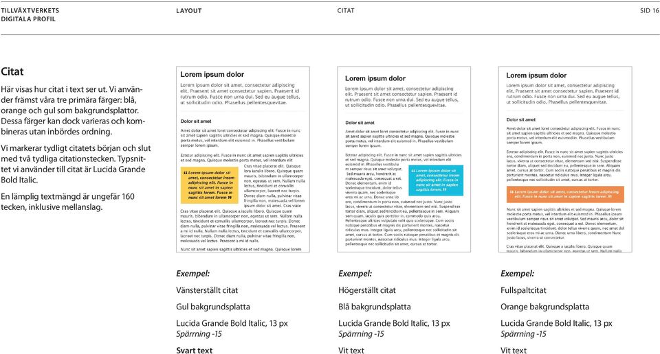 Typsnittet vi använder till citat är Lucida Grande Bold Italic. En lämplig textmängd är ungefär 160 tecken, inklusive mellanslag.