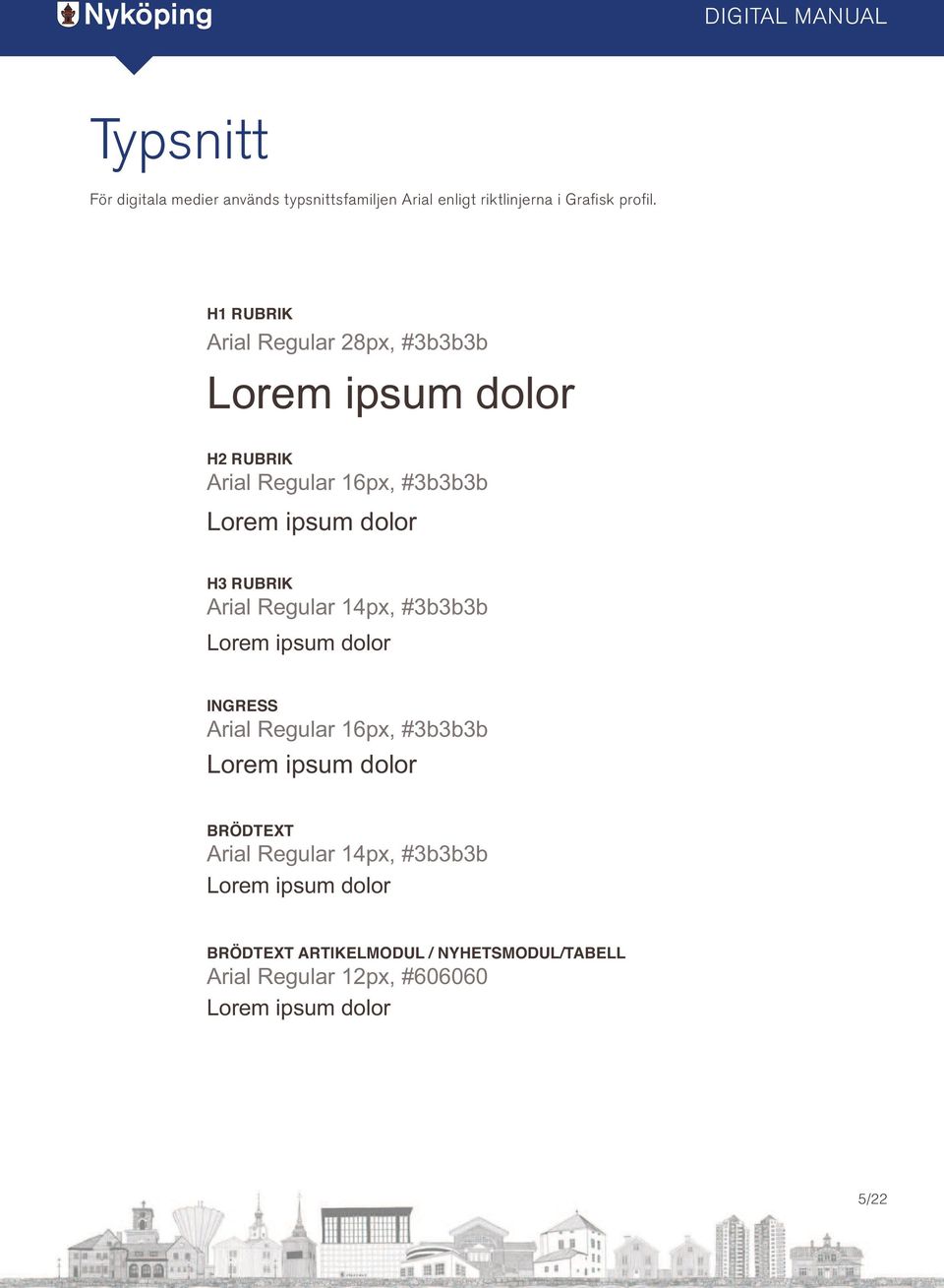 RUBRIK Arial Regular 14px, #3b3b3b Lorem ipsum dolor INGRESS Arial Regular 16px, #3b3b3b Lorem ipsum dolor BRÖDTEXT