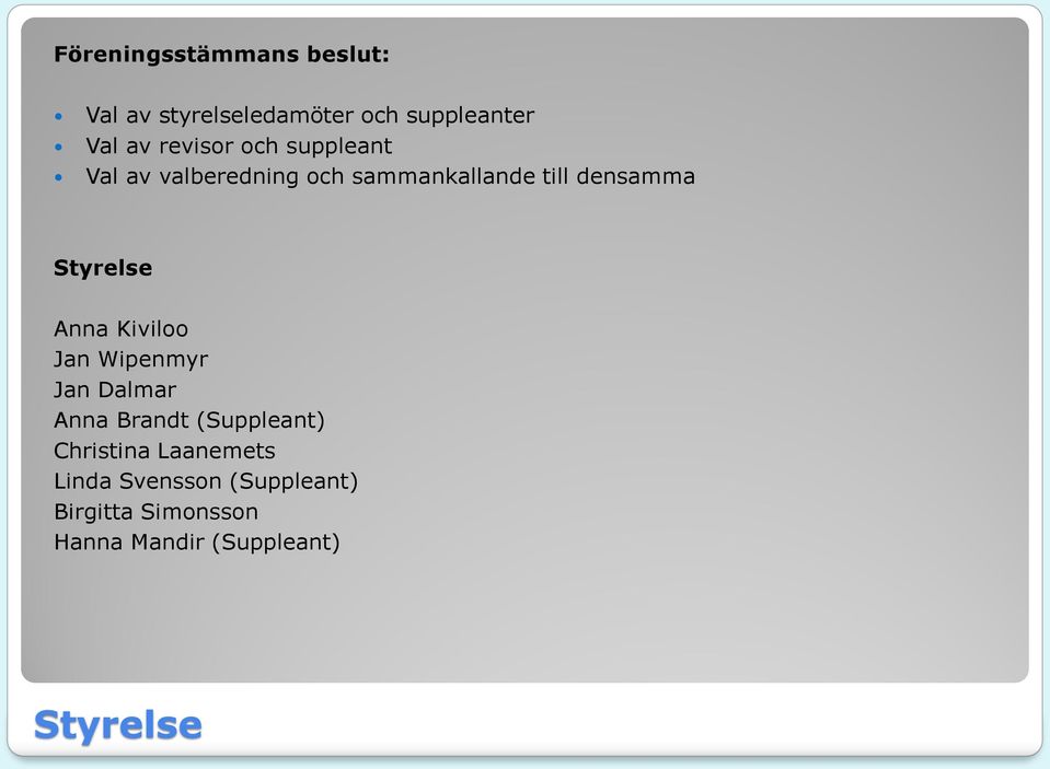 Styrelse Anna Kiviloo Jan Wipenmyr Jan Dalmar Anna Brandt (Suppleant) Christina