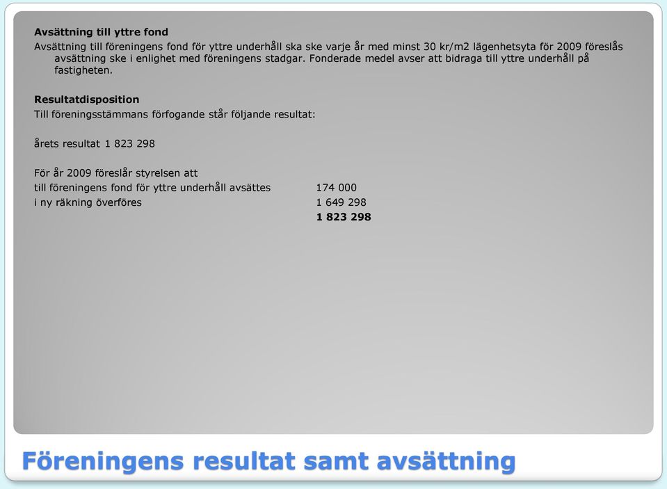 Resultatdisposition Till föreningsstämmans förfogande står följande resultat: årets resultat 1 823 298 För år 2009 föreslår styrelsen