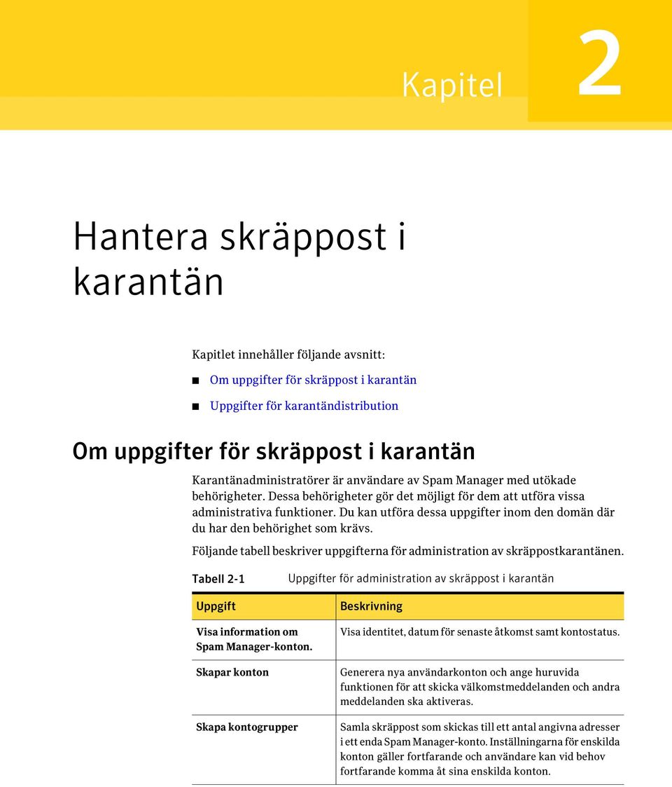 Du kan utföra dessa uppgifter inom den domän där du har den behörighet som krävs. Följande tabell beskriver uppgifterna för administration av skräppostkarantänen.