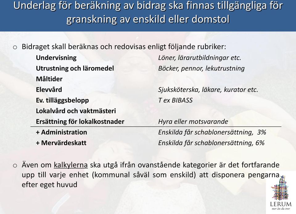 tilläggsbelopp T ex BIBASS Lokalvård och vaktmästeri Ersättning för lokalkostnader Hyra eller motsvarande + Administration Enskilda får schablonersättning, 3% + Mervärdeskatt