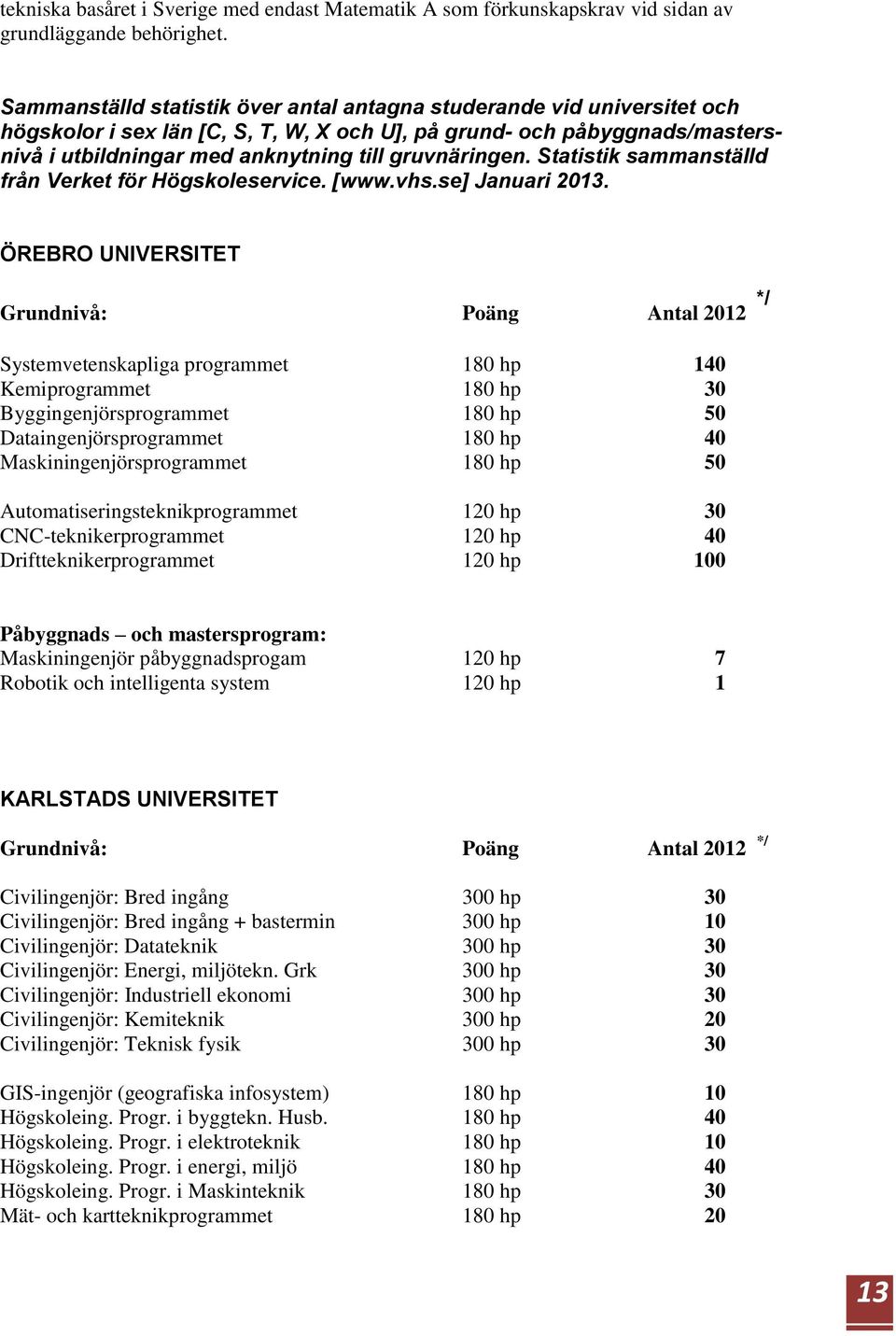 gruvnäringen. Statistik sammanställd från Verket för Högskoleservice. [www.vhs.se] Januari 2013.