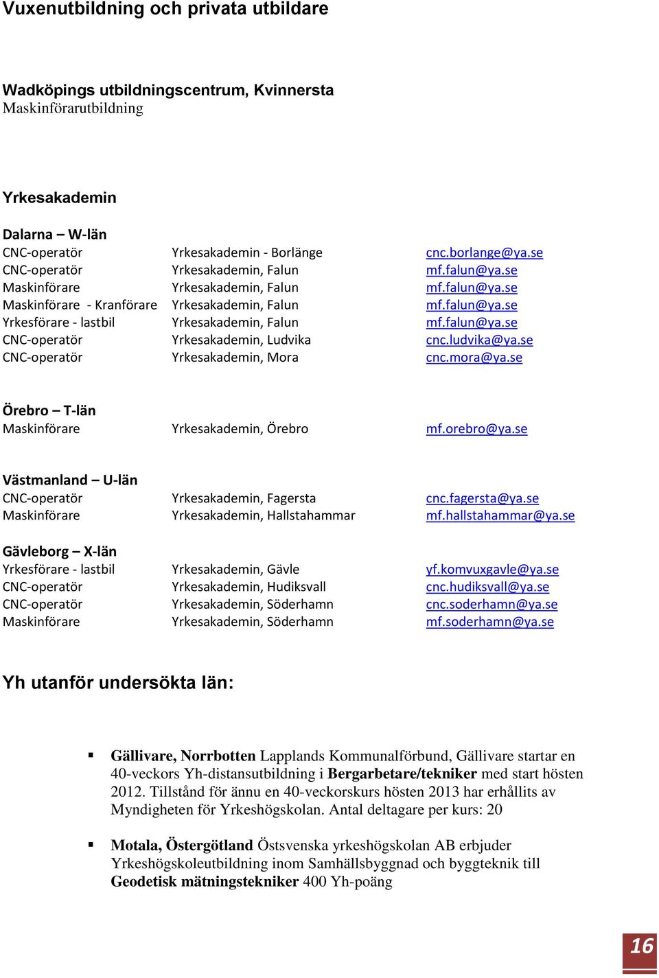 falun@ya.se CNC-operatör Yrkesakademin, Ludvika cnc.ludvika@ya.se CNC-operatör Yrkesakademin, Mora cnc.mora@ya.se Örebro T-län Maskinförare Yrkesakademin, Örebro mf.orebro@ya.