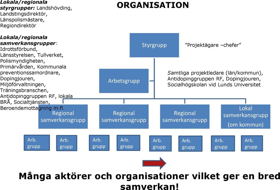 Regional samverkansgrupp ORGANISATION Arbetsgrupp Regional samverkansgrupp Styrgrupp Regional samverkansgrupp Projektägare chefer Samtliga projektledare (län/kommun), Antidopinggruppen RF,