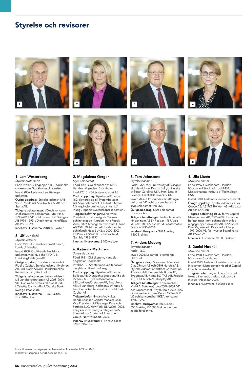 VD och koncernchef Esab AB 1991 1994. Innehav i Husqvarna: 270 000 B-aktier. 5. Ulf Lundahl Född 1952. Jur. kand och civilekonom, Lunds Universitet. Invald 2008. Ordförande i revisionsutskottet.
