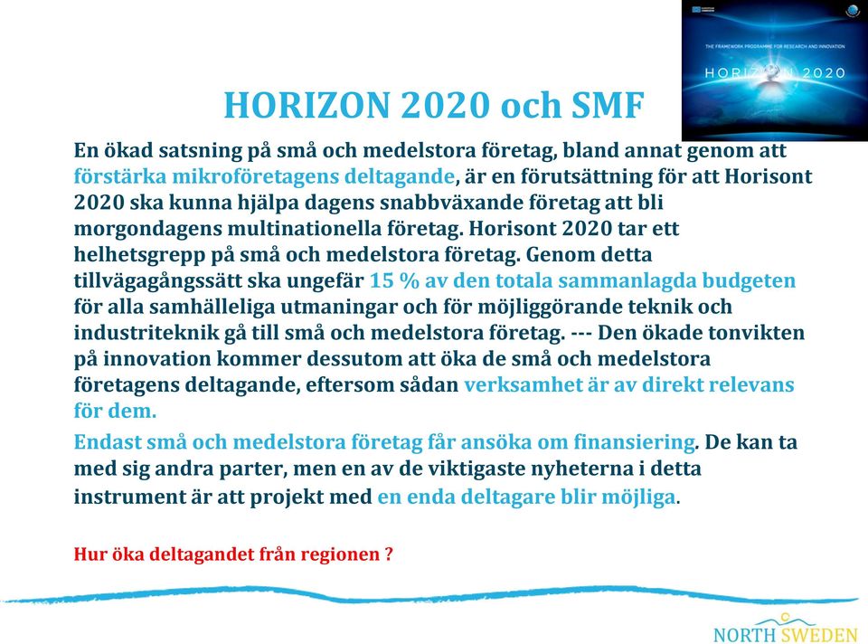 Genom detta tillvägagångssätt ska ungefär 15 % av den totala sammanlagda budgeten för alla samhälleliga utmaningar och för möjliggörande teknik och industriteknik gå till små och medelstora företag.