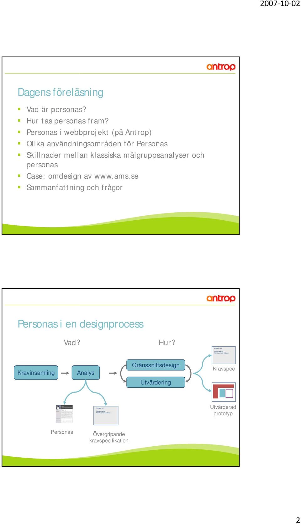 personas Case: omdesign av www.ams.se se Sammanfattning och frågor Personas i en designprocess Vad? Hur?