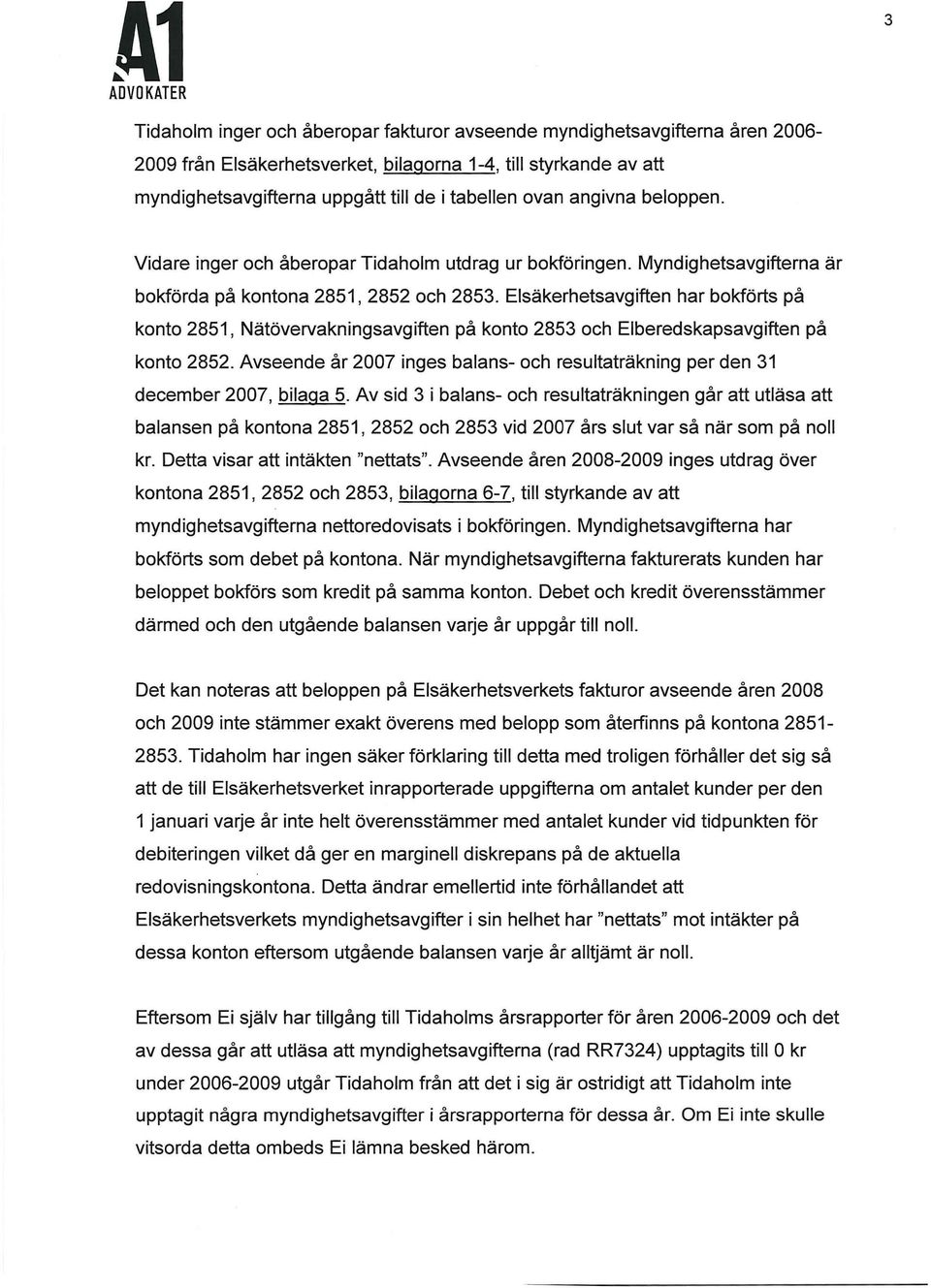 Elsäkerhetsavgiften har bokförts på konto 2851, Nätövervakningsavgiften på konto 2853 och Elberedskapsavgiften på konto 2852.