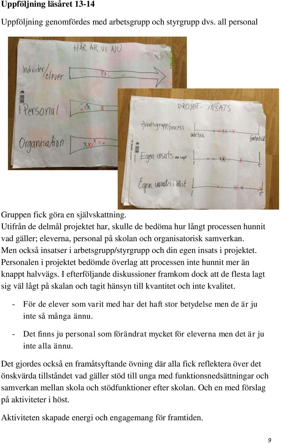 Men också insatser i arbetsgrupp/styrgrupp och din egen insats i projektet. Personalen i projektet bedömde överlag att processen inte hunnit mer än knappt halvvägs.