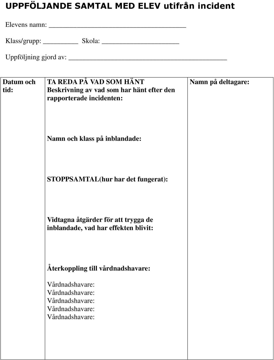 incidenten: Namn på deltagare: Namn och klass på inblandade: STOPPSAMTAL(hur har det fungerat):