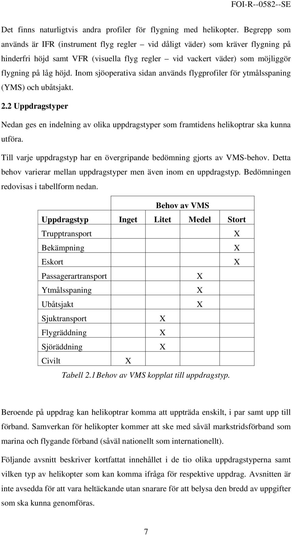 Inom sjöoperativa sidan används flygprofiler för ytmålsspaning (YMS) och ubåtsjakt. 2.2 Uppdragstyper Nedan ges en indelning av olika uppdragstyper som framtidens helikoptrar ska kunna utföra.