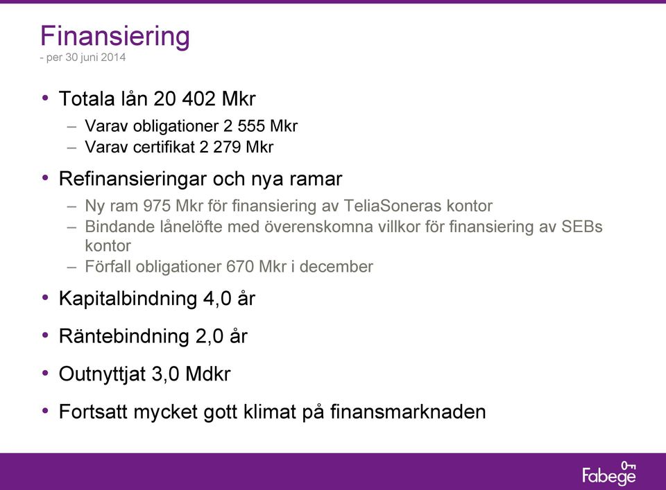 lånelöfte med överenskomna villkor för finansiering av SEBs kontor Förfall obligationer 670 Mkr i december