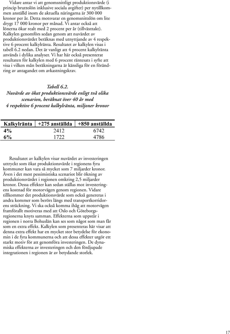Kalkylen genomförs sedan genom att nuvärdet av produktionsvärdet beräknas med utnyttjande av 4 respektive 6 procent kalkylränta. Resultatet av kalkylen visas i tabell 6.2 nedan.