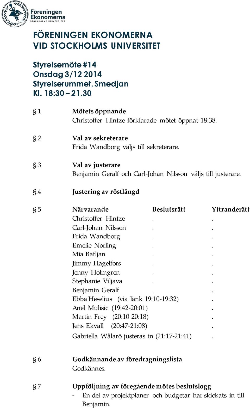 5 Närvarande Beslutsrätt Yttranderätt Christoffer Hintze.. Carl-Johan Nilsson.. Frida Wandborg.. Emelie Norling.. Mia Batljan.. Jimmy Hagelfors.. Jenny Holmgren.. Stephanie Viljava.. Benjamin Geralf.