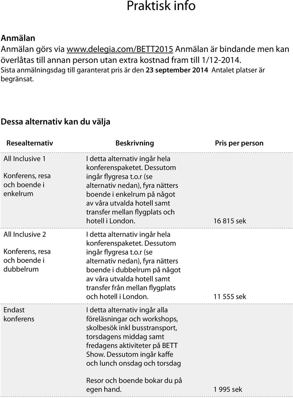 Dessa alternativ kan du välja Resealternativ Beskrivning Pris per person All Inclusive 1 Konferens, resa och boende i enkelrum All Inclusive 2 Konferens, resa och boende i dubbelrum Endast konferens