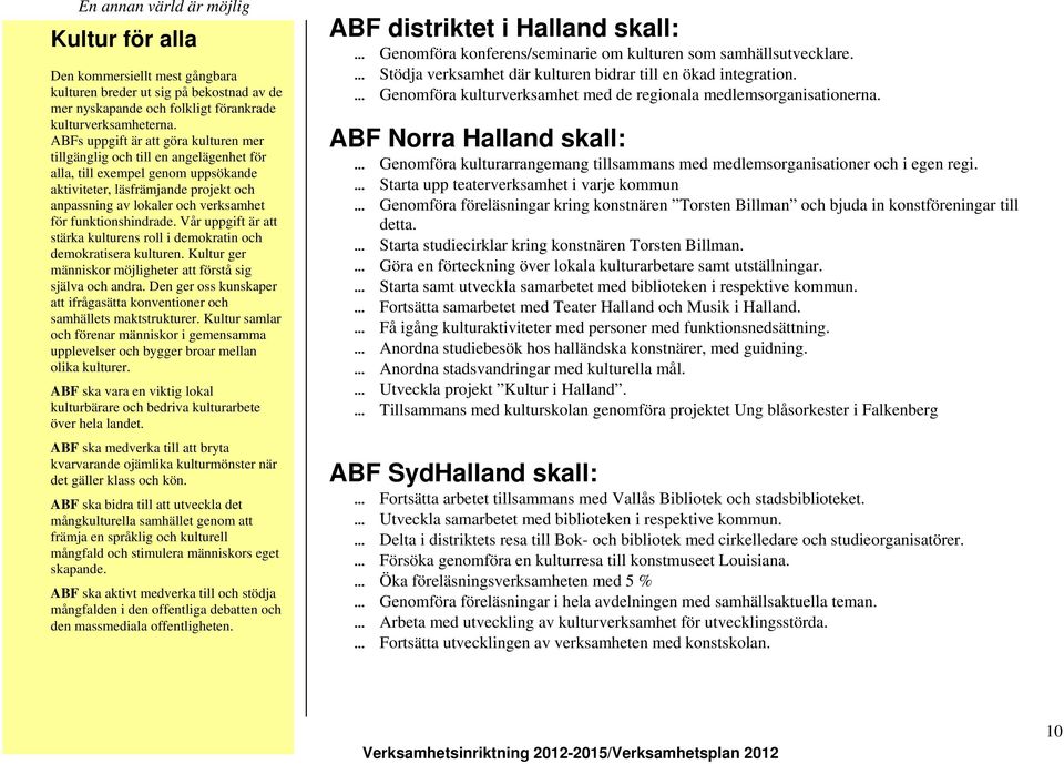 funktionshindrade. Vår uppgift är att stärka kulturens roll i demokratin och demokratisera kulturen. Kultur ger människor möjligheter att förstå sig själva och andra.