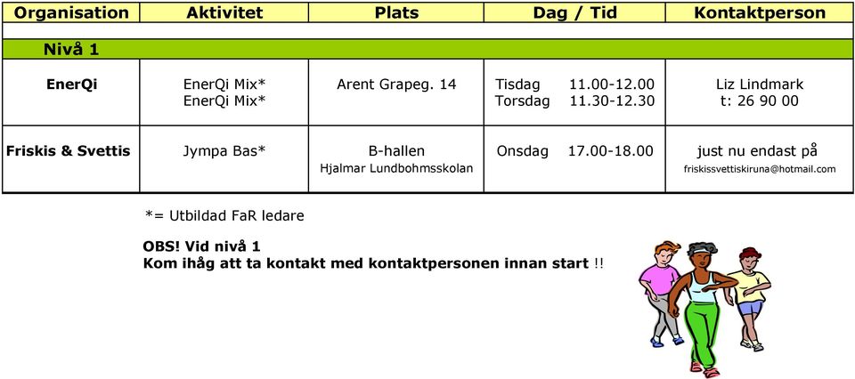 30 t: 26 90 00 Friskis & Svettis Jympa Bas* B-hallen Onsdag 17.00-18.