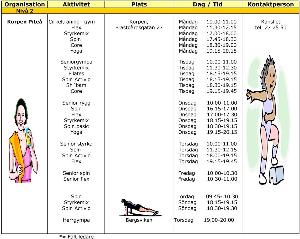 15 Spin Activio Tisdag 18.15-19.15 Sh bam Tisdag 18.30-19.15 Core Tisdag 19.15-19.45 Senior rygg Onsdag 10.00-11.00 Spin Onsdag 16.15-17.00 Flex Onsdag 17.00-17.30 Styrkemix Onsdag 18.15-19.15 Spin basic Onsdag 18.