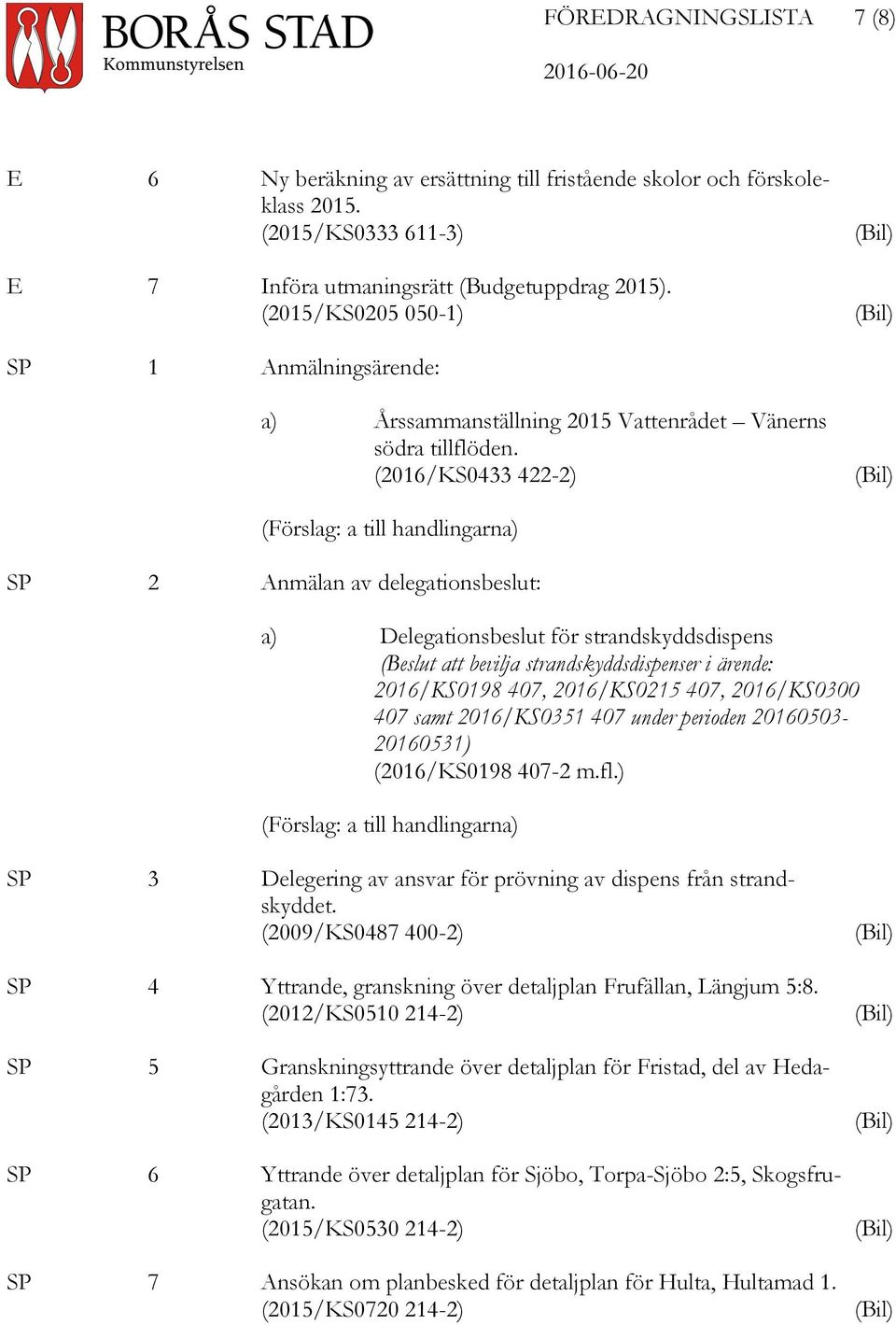 (2016/KS0433 422-2) SP 2 Anmälan av delegationsbeslut: a) Delegationsbeslut för strandskyddsdispens (Beslut att bevilja strandskyddsdispenser i ärende: 2016/KS0198 407, 2016/KS0215 407, 2016/KS0300