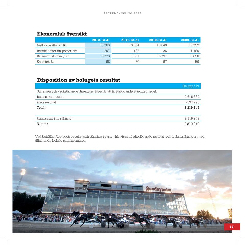 verkställande direktören föreslår att till förfogande stående medel: balanserat resultat 2 616 539 årets resultat -297 290 Totalt 2 319 249 balanseras i ny räkning