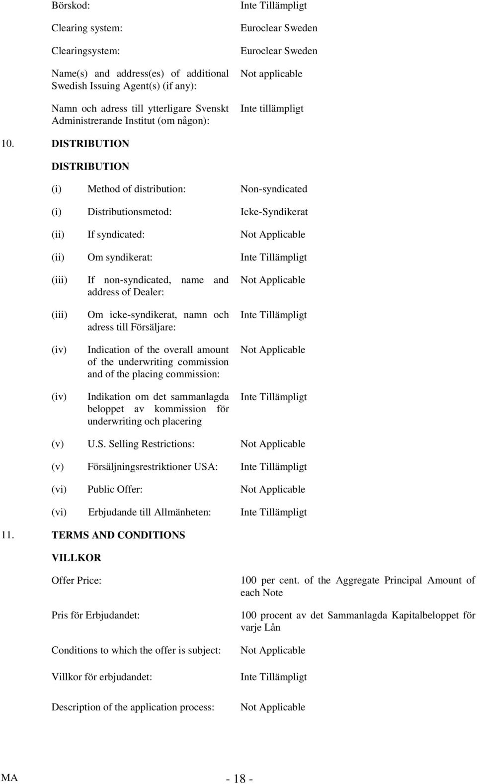 DISTRIBUTION DISTRIBUTION (i) Method of distribution: Non-syndicated (i) Distributionsmetod: Icke-Syndikerat (ii) If syndicated: (ii) Om syndikerat: (iii) (iii) (iv) (iv) If non-syndicated, name and