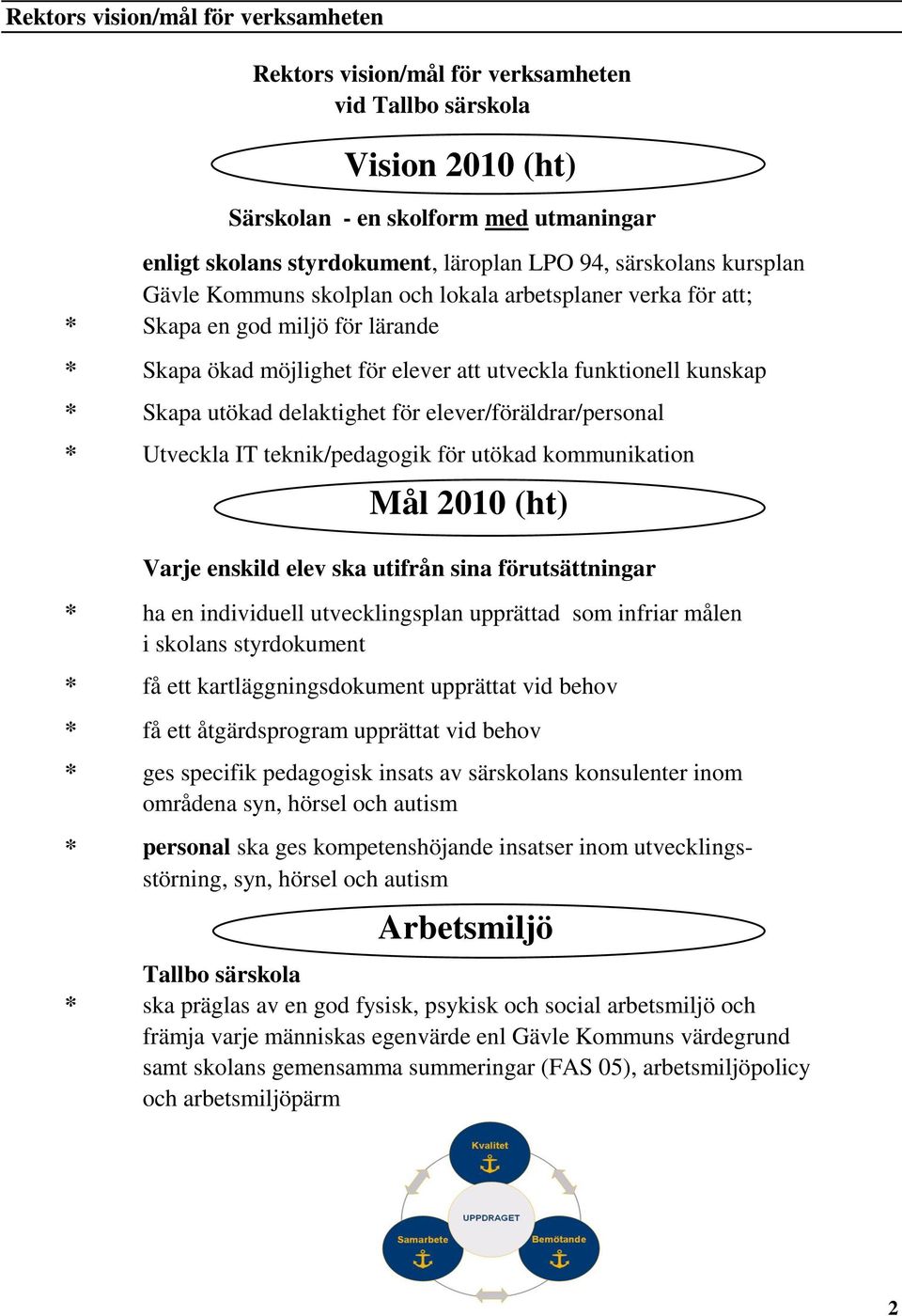 delaktighet för elever/föräldrar/personal * Utveckla IT teknik/pedagogik för utökad kommunikation Mål 2010 (ht) Varje enskild elev ska utifrån sina förutsättningar * ha en individuell utvecklingsplan