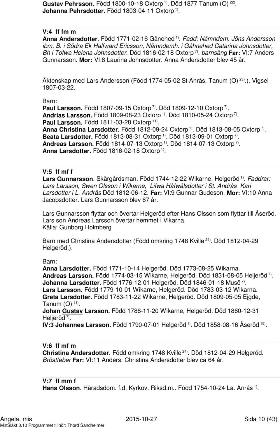 Mor: VI:8 Laurina Johnsdotter. Anna Andersdotter blev 45 år. Äktenskap med Lars Andersson (Född 1774-05-02 St Anrås, Tanum (O) 23).). Vigsel 1807-03-22. Paul Larsson. Född 1807-09-15 Oxtorp 7).