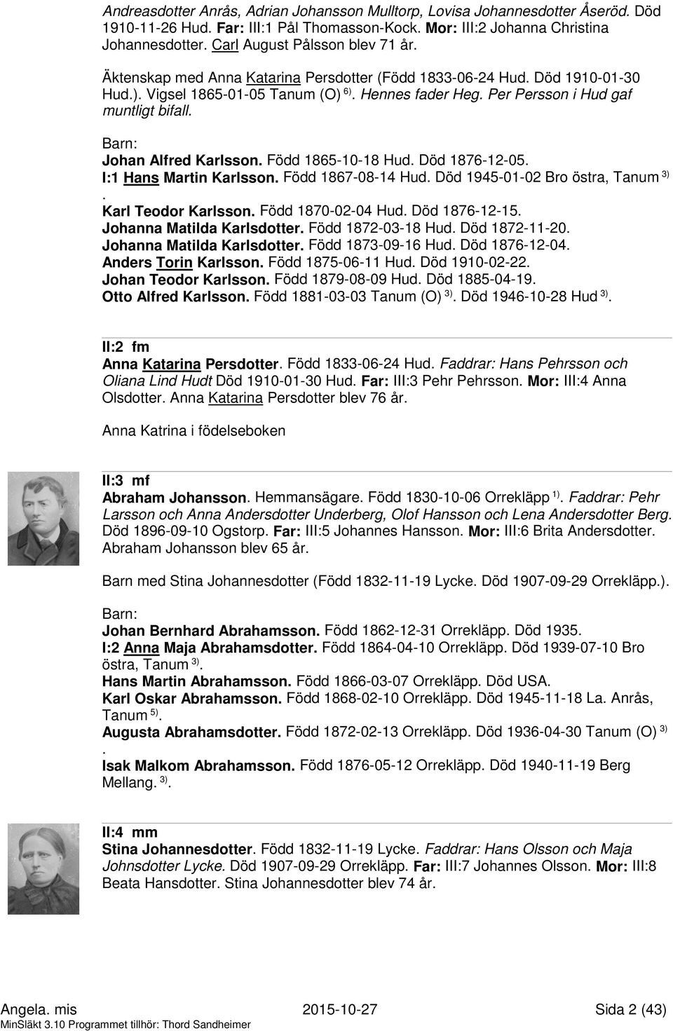 Per Persson i Hud gaf muntligt bifall. Johan Alfred Karlsson. Född 1865-10-18 Hud. Död 1876-12-05. I:1 Hans Martin Karlsson. Född 1867-08-14 Hud. Död 1945-01-02 Bro östra, Tanum 3).