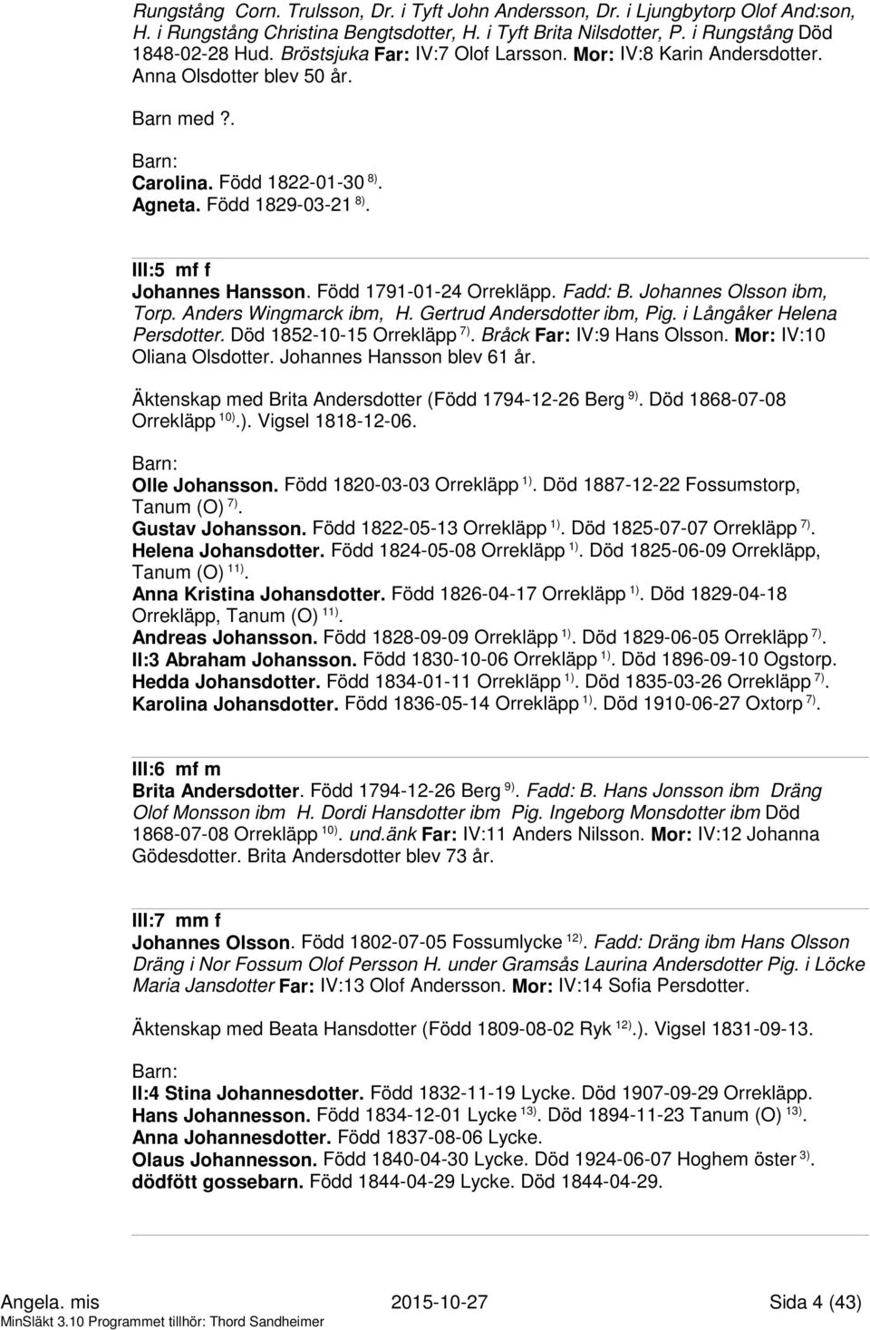 Född 1791-01-24 Orrekläpp. Fadd: B. Johannes Olsson ibm, Torp. Anders Wingmarck ibm, H. Gertrud Andersdotter ibm, Pig. i Långåker Helena Persdotter. Död 1852-10-15 Orrekläpp 7).