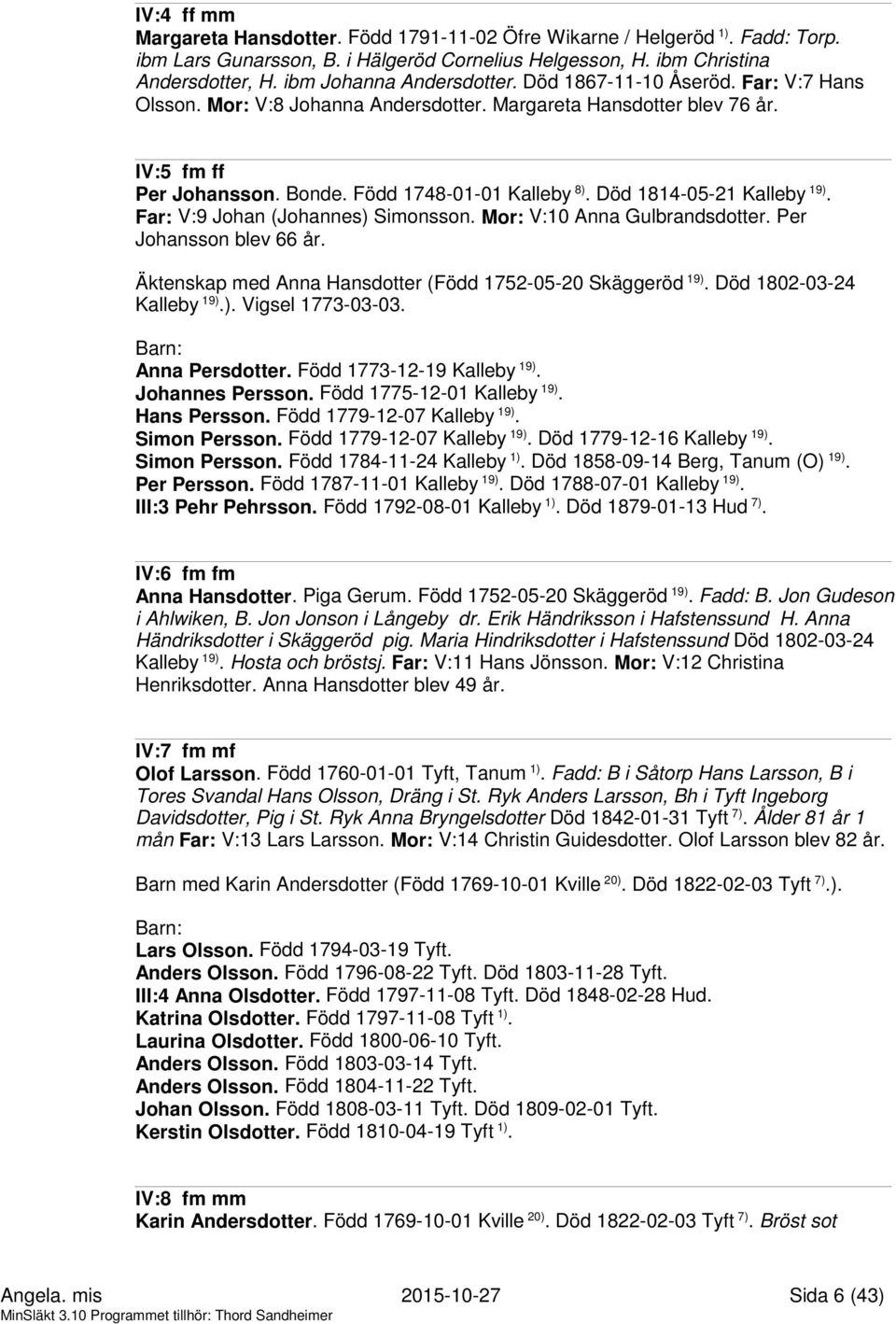 Död 1814-05-21 Kalleby 19). Far: V:9 Johan (Johannes) Simonsson. Mor: V:10 Anna Gulbrandsdotter. Per Johansson blev 66 år. Äktenskap med Anna Hansdotter (Född 1752-05-20 Skäggeröd 19).