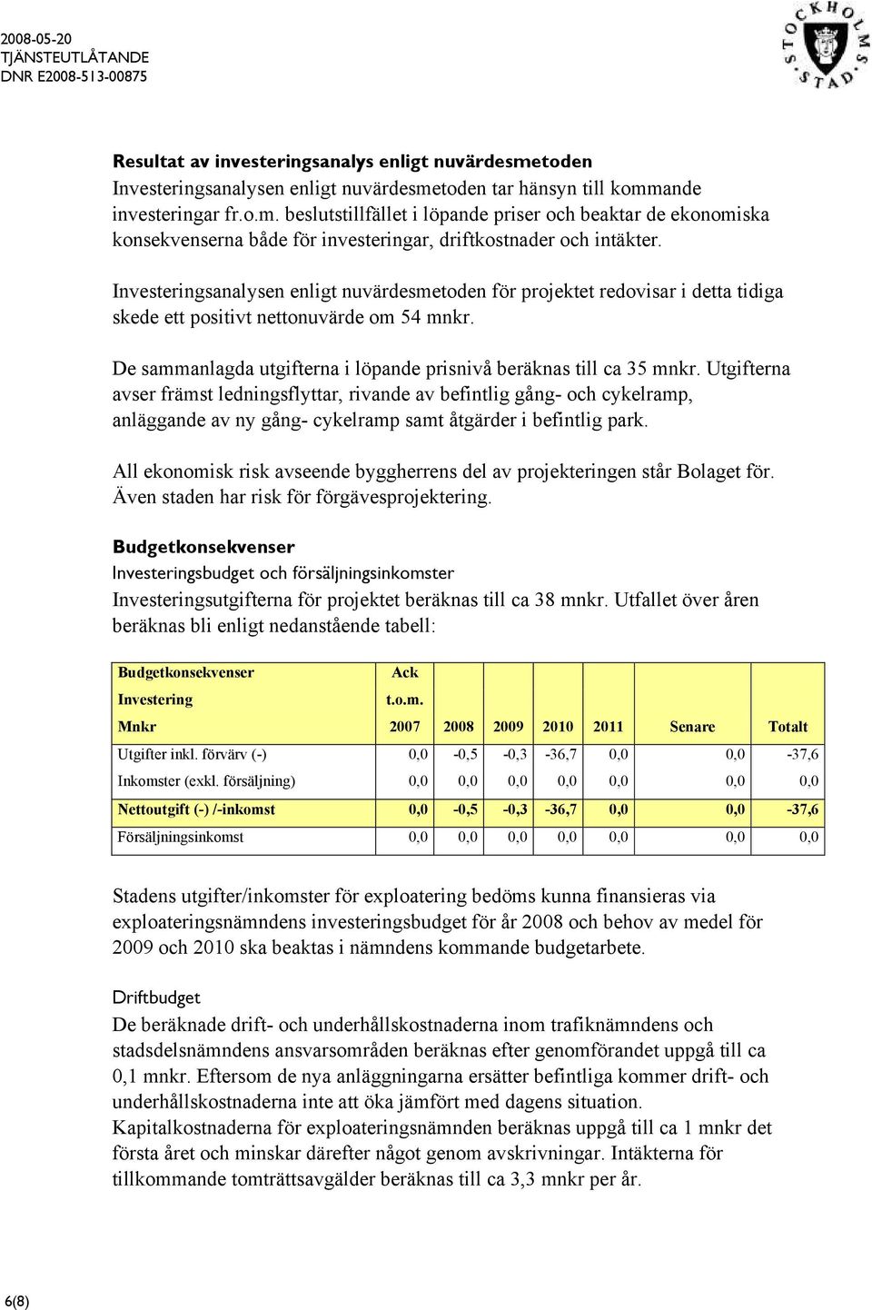 Utgifterna avser främst ledningsflyttar, rivande av befintlig gång- och cykelramp, anläggande av ny gång- cykelramp samt åtgärder i befintlig park.