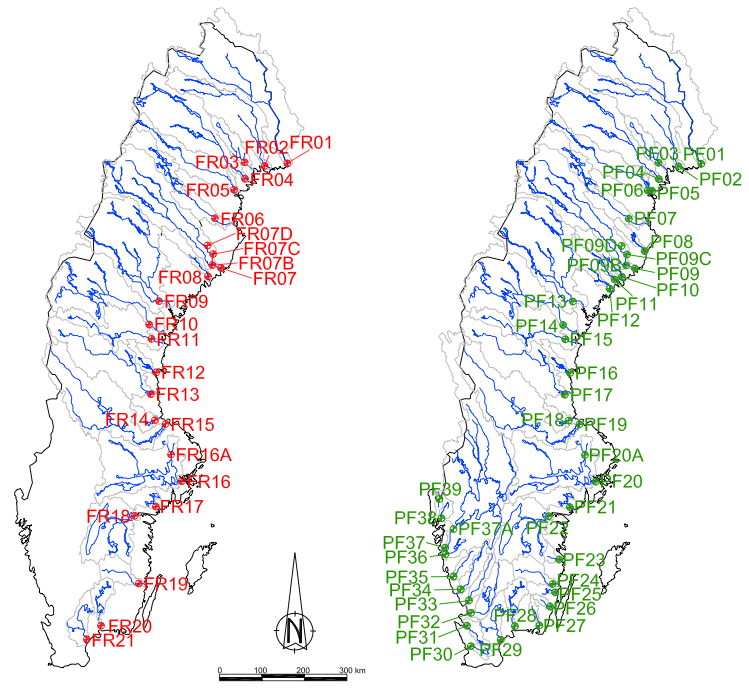 Figure 1: Sampling sites for FRs (on the left) and PFASs (on the right). Rivers are displayed in blue, watersheds in grey.