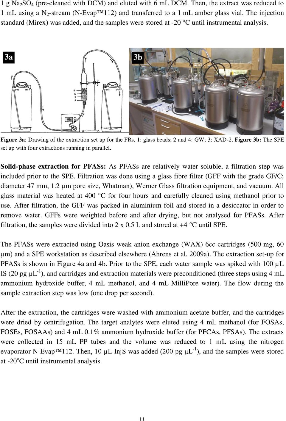 1: glass beads; 2 and 4: GW; 3: XAD-2. Figure 3b: The SPE set up with four extractions running in parallel.
