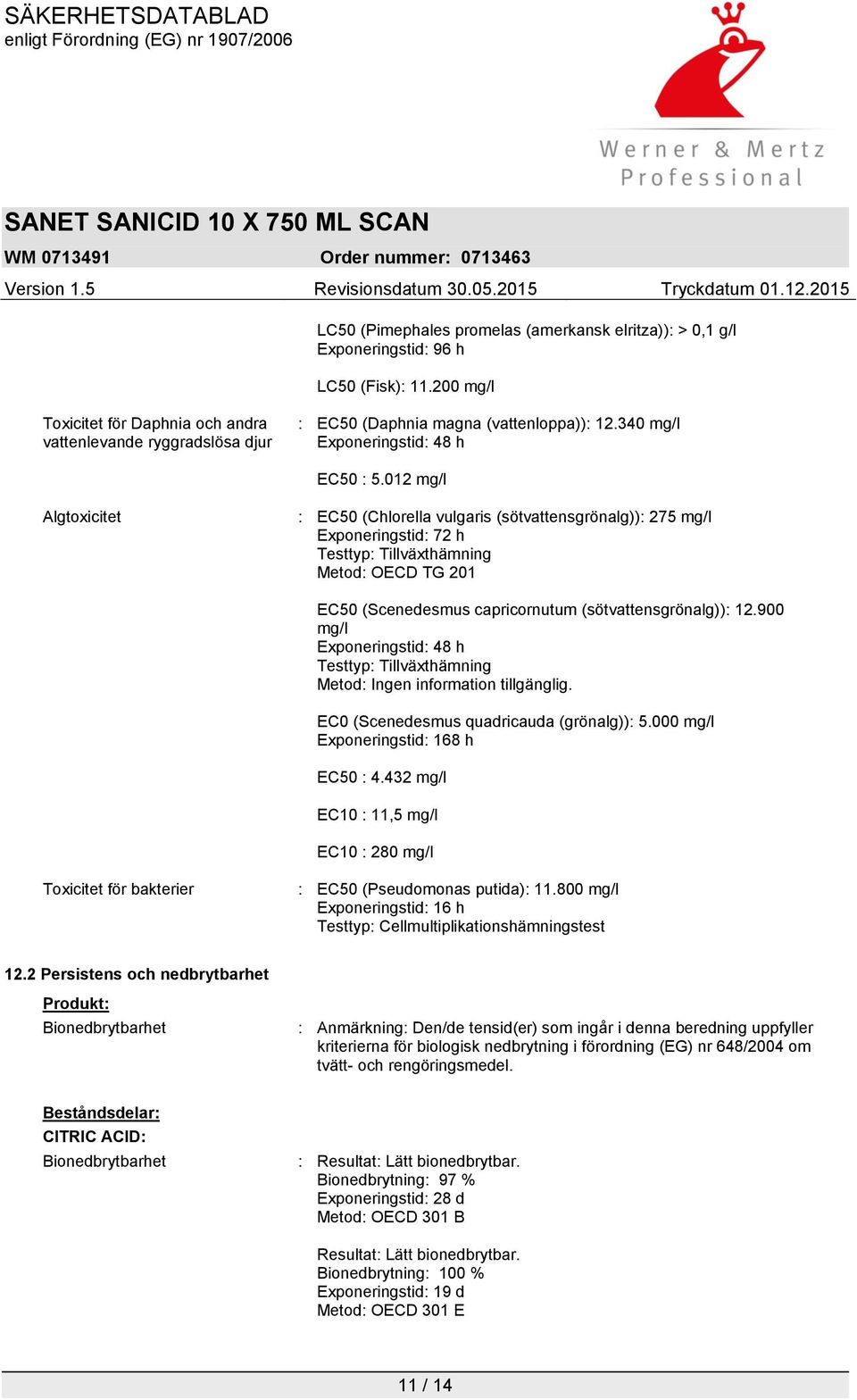 012 mg/l Algtoxicitet : EC50 (Chlorella vulgaris (sötvattensgrönalg)): 275 mg/l Exponeringstid: 72 h Testtyp: Tillväxthämning Metod: OECD TG 201 EC50 (Scenedesmus capricornutum (sötvattensgrönalg)):