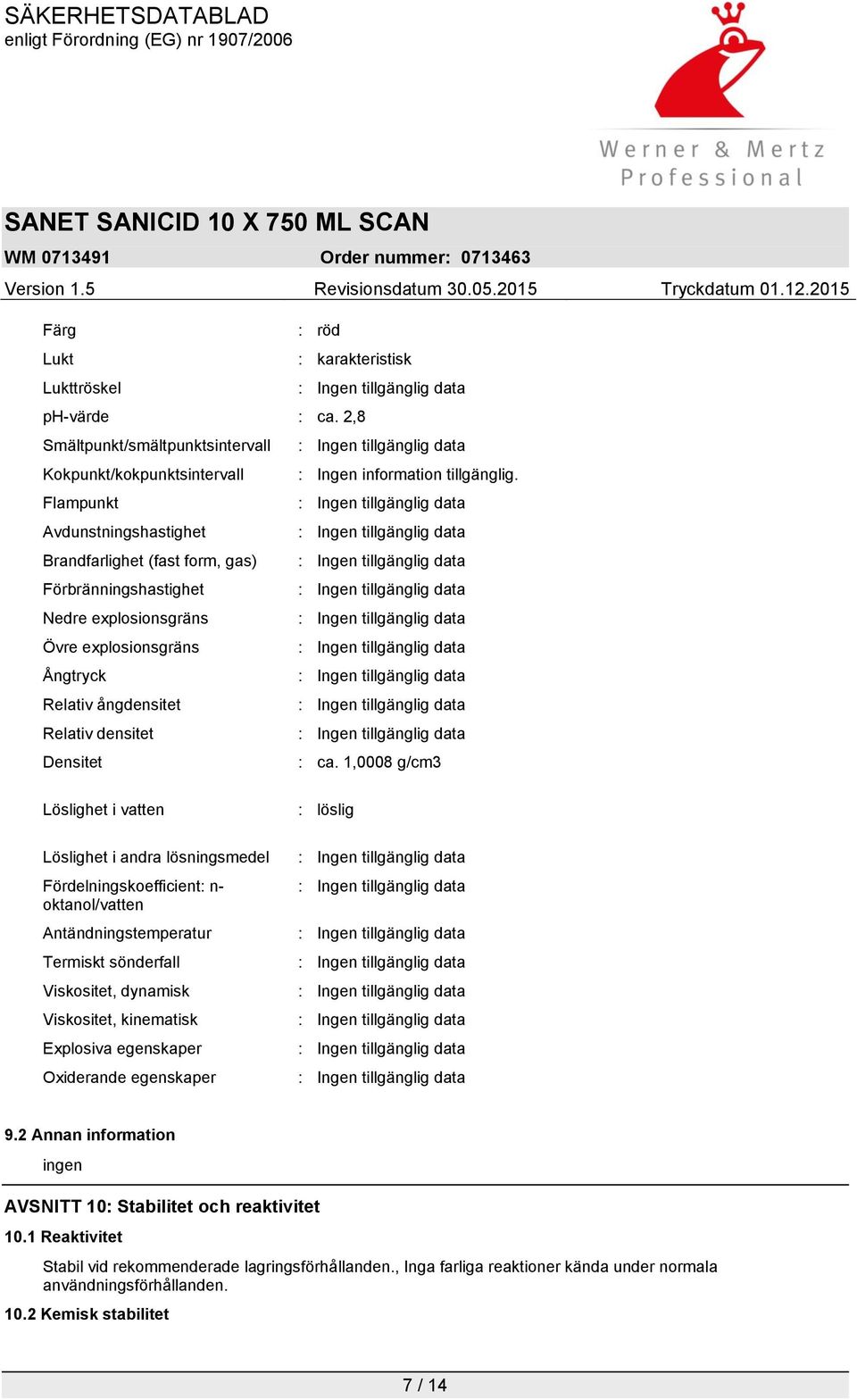 1,0008 g/cm3 Löslighet i vatten Löslighet i andra lösningsmedel Fördelningskoefficient: n- oktanol/vatten Antändningstemperatur Termiskt sönderfall Viskositet, dynamisk Viskositet, kinematisk