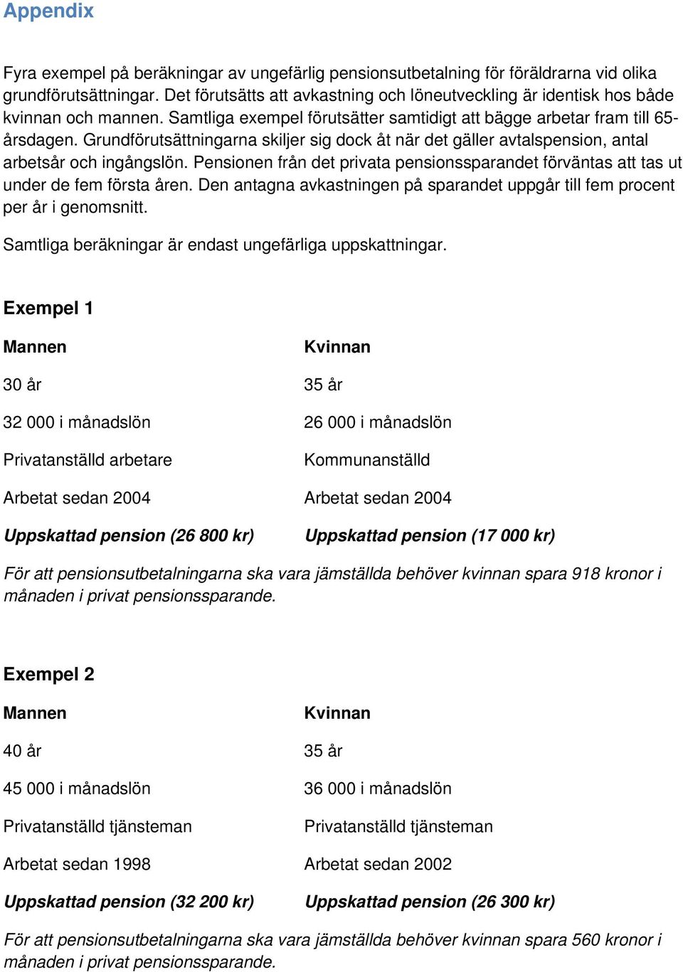 Grundförutsättningarna skiljer sig dock åt när det gäller avtalspension, antal arbetsår och ingångslön. Pensionen från det privata pensionssparandet förväntas att tas ut under de fem första åren.