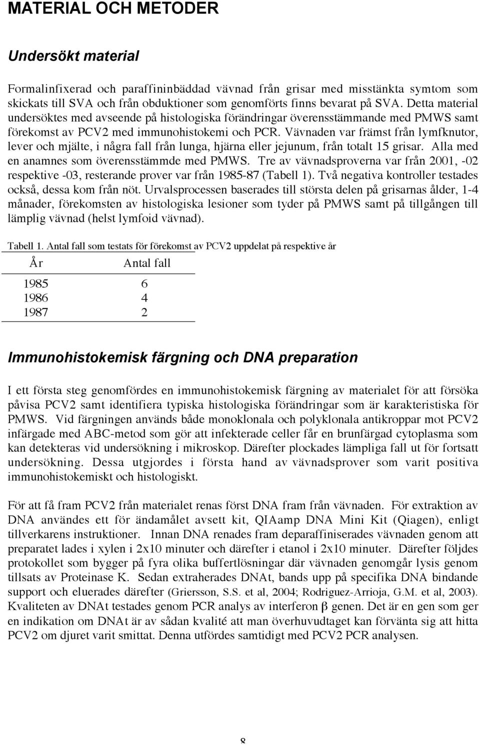 Vävnaden var främst från lymfknutor, lever och mjälte, i några fall från lunga, hjärna eller jejunum, från totalt 15 grisar. Alla med en anamnes som överensstämmde med PMWS.