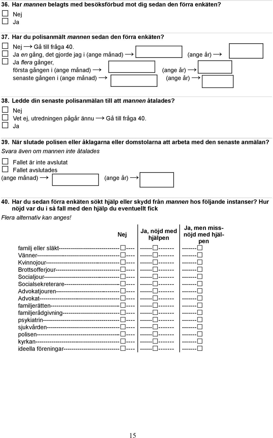 Ledde din senaste polisanmälan till att mannen åtalades? Vet ej, utredningen pågår ännu Gå till fråga 40. 39. När slutade polisen eller åklagarna eller domstolarna att arbeta med den senaste anmälan?