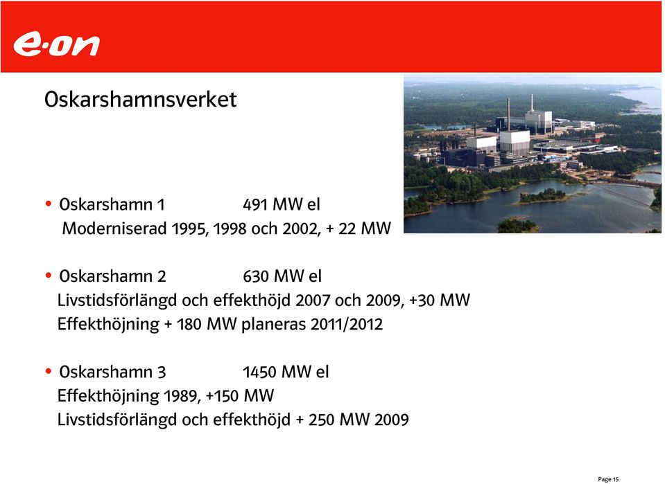 +30 MW Effekthöjning + 180 MW planeras 2011/2012 Oskarshamn 3 1450 MW el