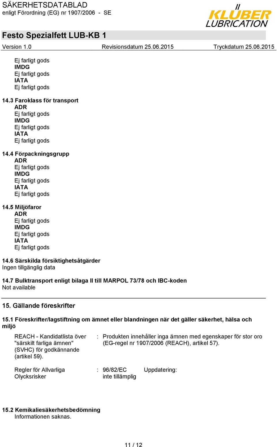 1 Föreskrifter/lagstiftning om ämnet eller blandningen när det gäller säkerhet, hälsa och miljö REACH - Kandidatlista över "särskilt farliga ämnen" (SVHC) för godkännande (artikel