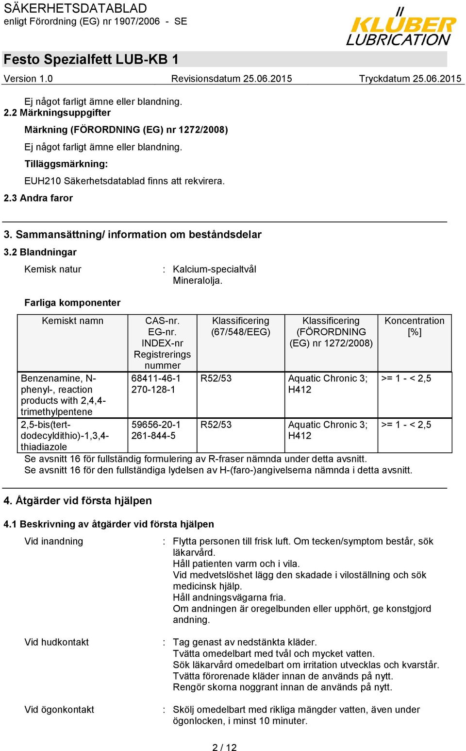 2 Blandningar Kemisk natur Farliga komponenter Kemiskt namn Benzenamine, N- phenyl-, reaction products with 2,4,4- trimethylpentene 2,5-bis(tert- dodecyldithio)-1,3,4- CAS-nr. EG-nr.