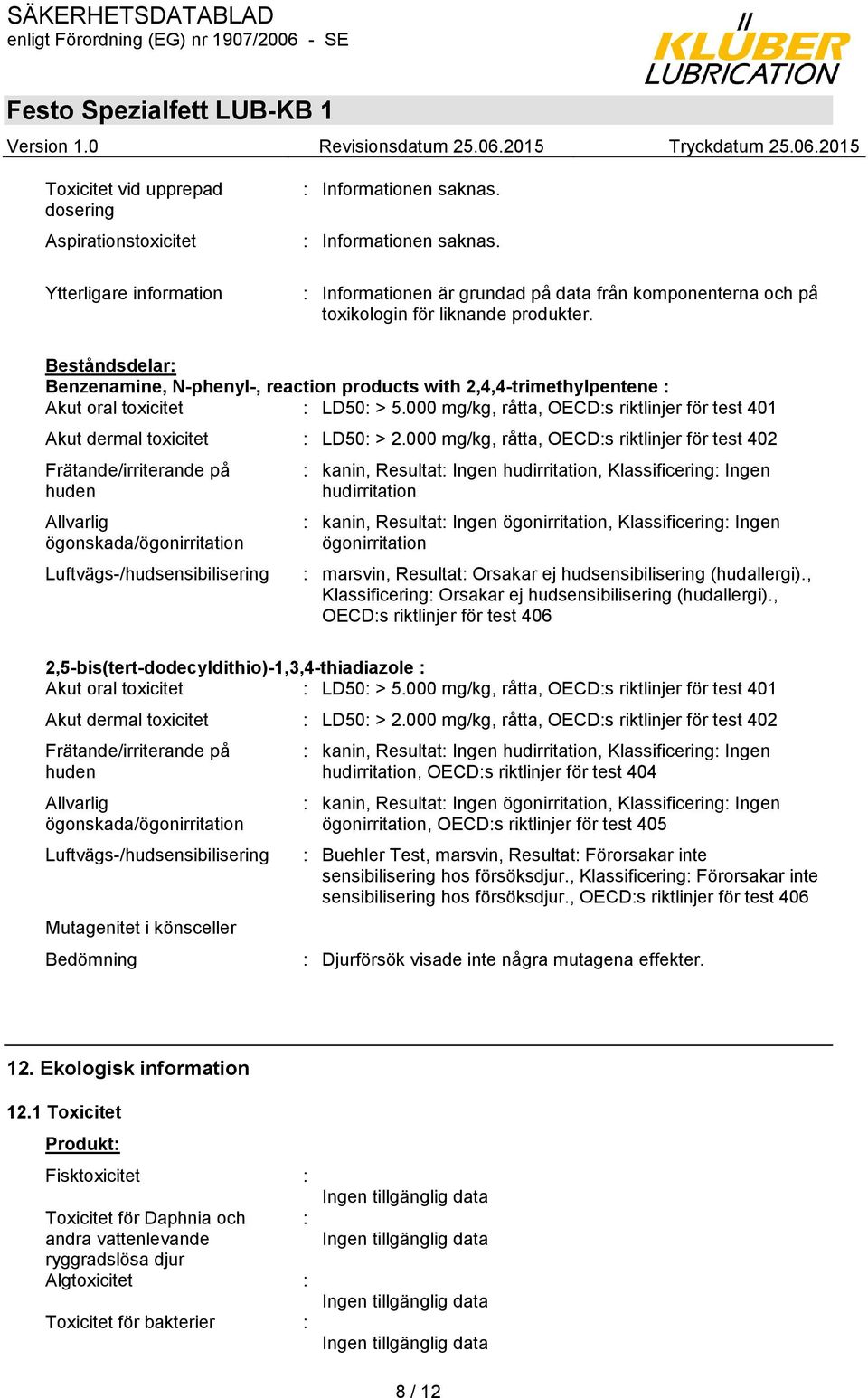 000 mg/kg, råtta, OECD:s riktlinjer för test 401 Akut dermal toxicitet : LD50: > 2.