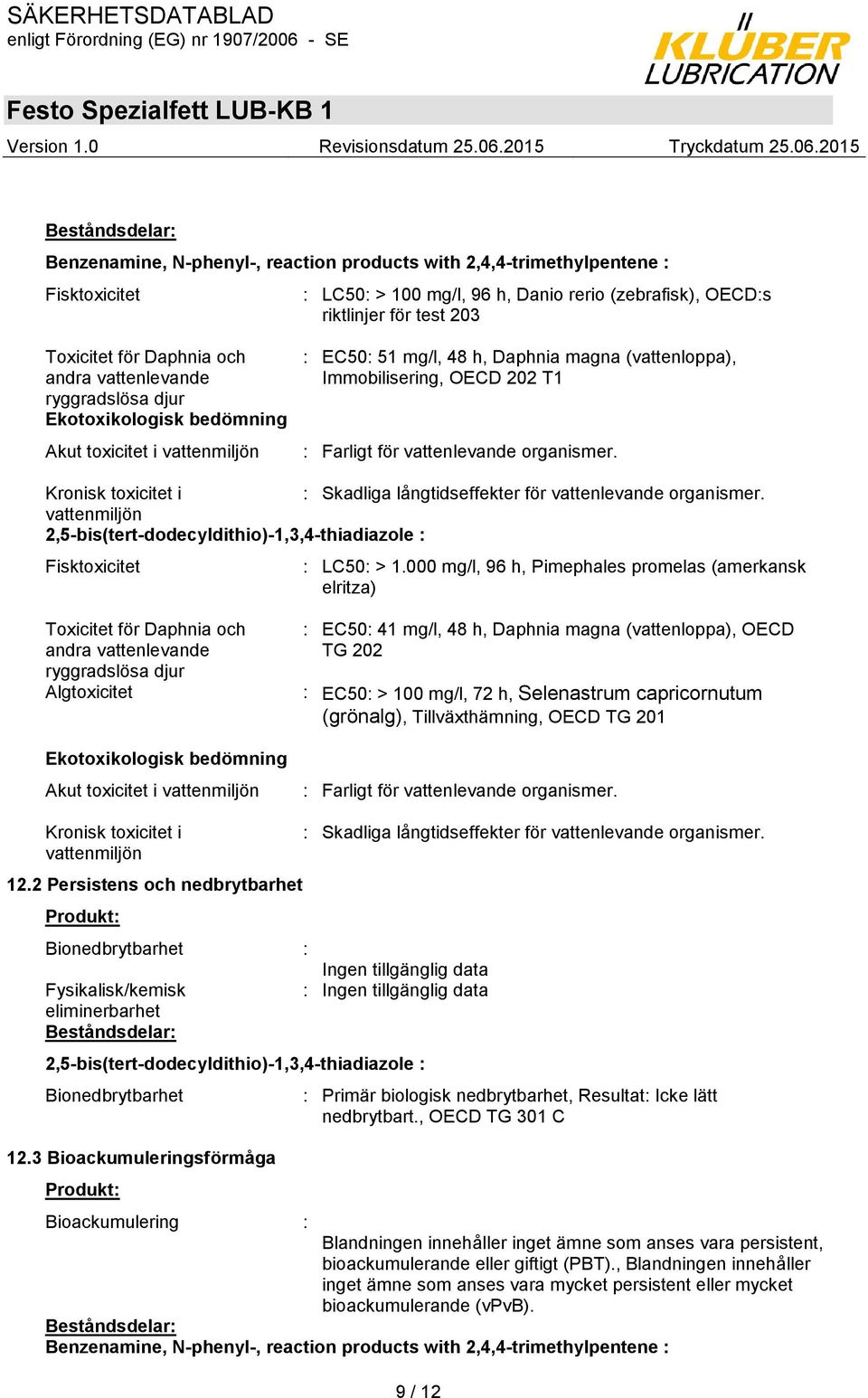 vattenlevande organismer. Kronisk toxicitet i : Skadliga långtidseffekter för vattenlevande organismer. vattenmiljön 2,5-bis(tert-dodecyldithio)-1,3,4-thiadiazole : Fisktoxicitet : LC50: > 1.