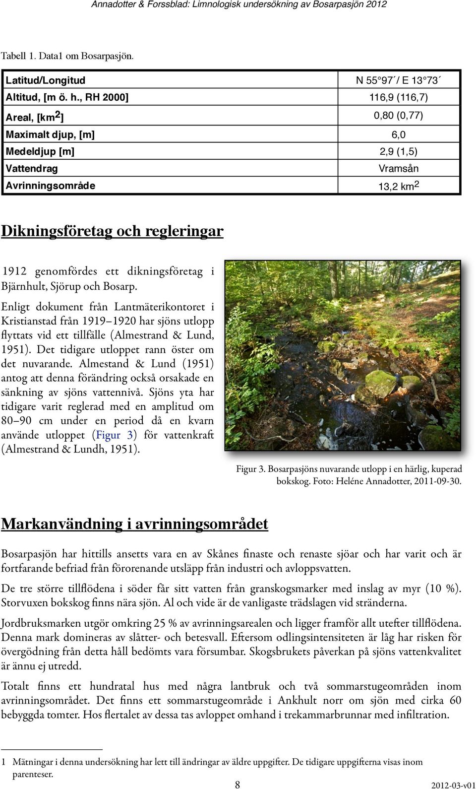 dikningsföretag i Bjärnhult, Sjörup och Bosarp. Enligt dokument från Lantmäterikontoret i Kristianstad från 1919 1920 har sjöns utlopp flyttats vid ett tillfälle (Almestrand & Lund, 1951).