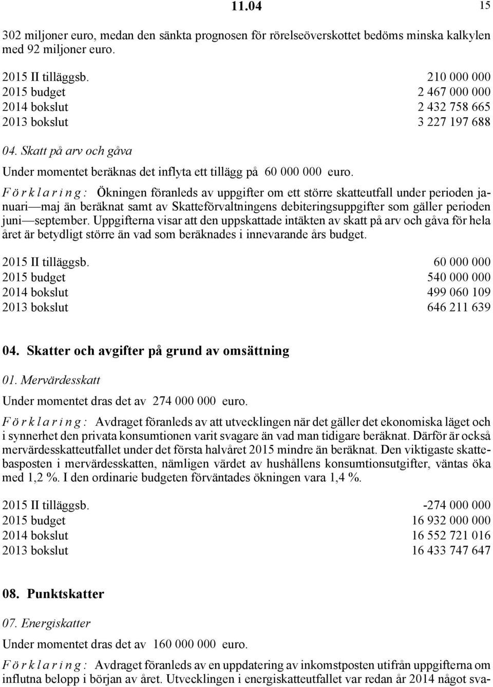 Förklaring: Ökningen föranleds av uppgifter om ett större skatteutfall under perioden januari maj än beräknat samt av Skatteförvaltningens debiteringsuppgifter som gäller perioden juni september.