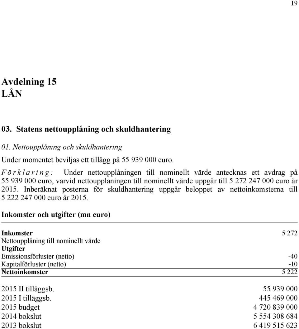 Inberäknat posterna för skuldhantering uppgår beloppet av nettoinkomsterna till 5 222 247 000 euro år 2015.