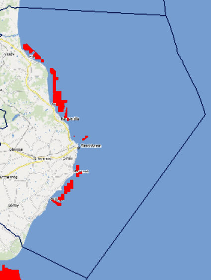 Figur 62 visar tillgängliga ytor enligt utsatta karteringsregler. Möjlig yta att odla musslor på är 16 km 2 vilket skulle generera 4113 MWh per år vid rötning till biogas. Figur 62.